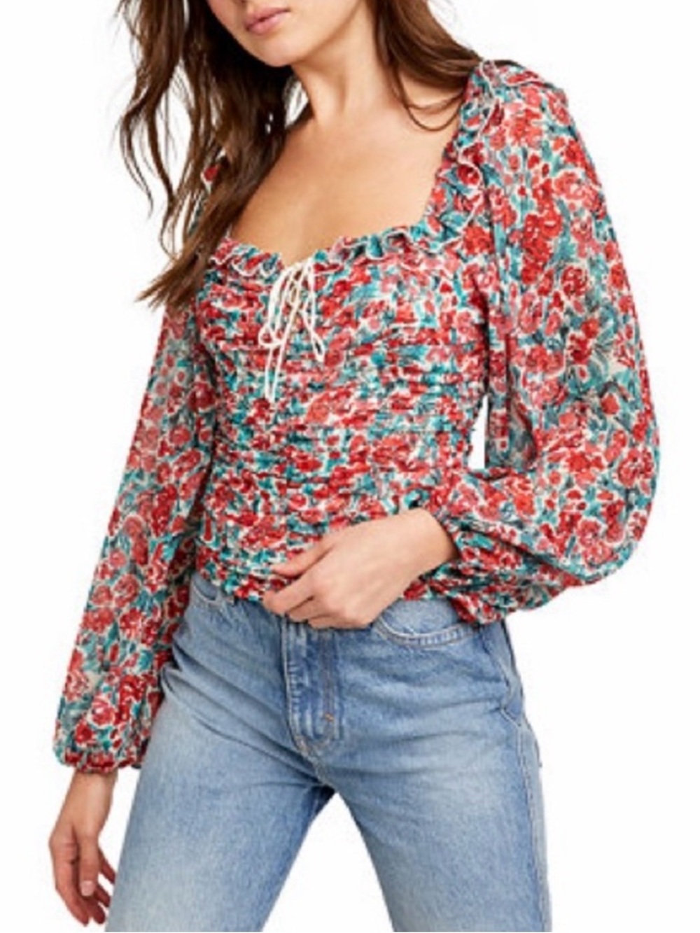 Free People Floral Ruched Square-Neck Peasant Top in Red/Teal Size M